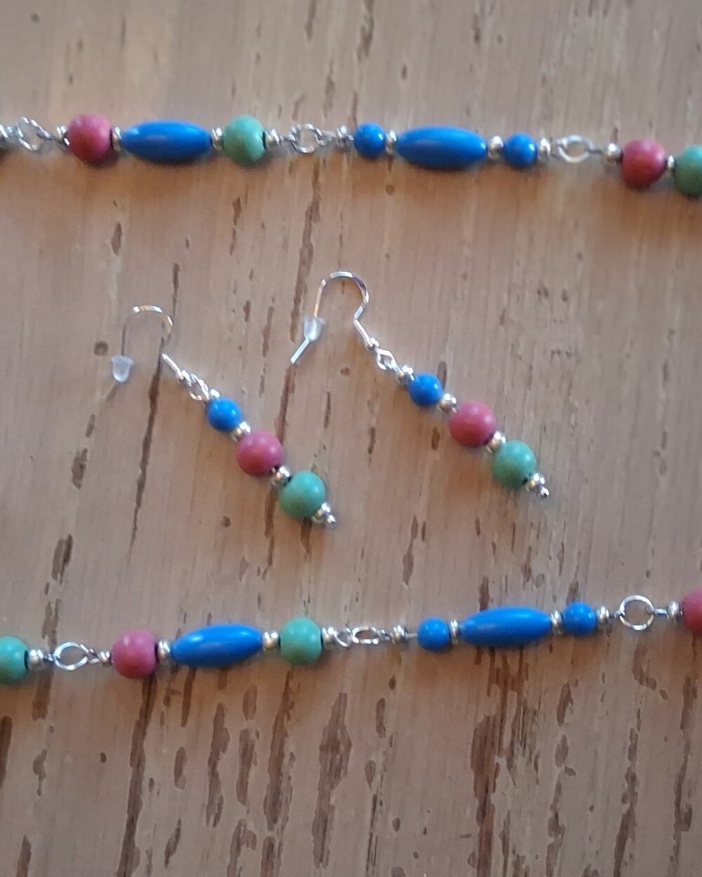 Hand Crafted Multicolor Beaded Necklace and Earrings Set - Blue, Pink, Green